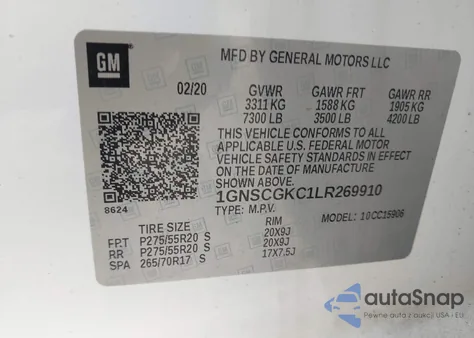 2020 Chevrolet Suburban 2Wd Ls z USA, uszkodzony, nr VIN 1GNSCGKC1LR269910